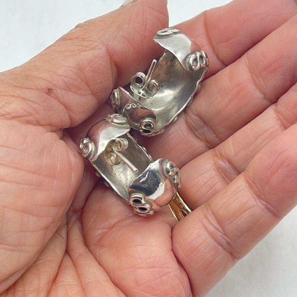 Vintage Sterling Silver Half Hoop Earrings With Intricate Swirl Design - Picture 6 of 8